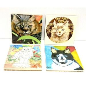 Cat Feline Coasters Art Tiles Set of 4 Cork Backed 4 x 4"